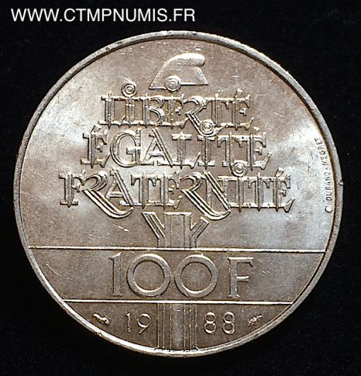 100 FRANCS ARGENT FRATERNITE 1988 SUP+  CTMP NUMIS  Achat, vente et