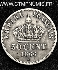 ,50,CENTIMES,ARGENT,NAPOLEON,III,1866,BORDEAUX