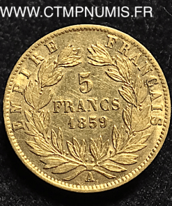,5,FRANCS,OR,NAPOLEON,III,TETE,NUE,1859,PARIS