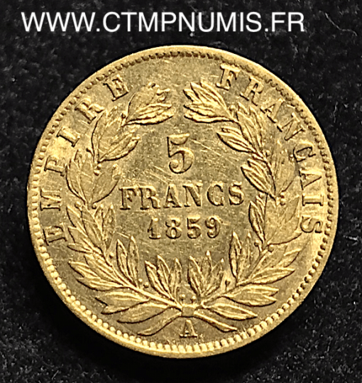 ,5,FRANCS,OR,NAPOLEON,III,TETE,NUE,1859,PARIS