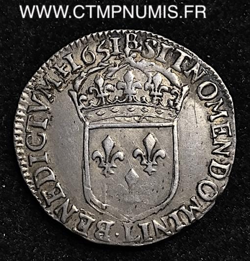 LOUIS XIV 1/4 ECU ARGENT 1651 L BAYONNE