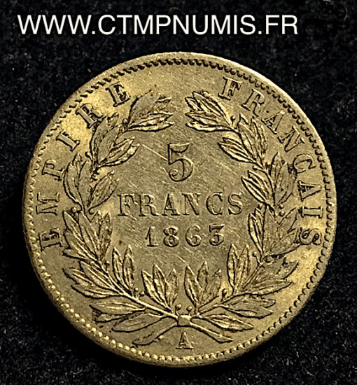 ,5,FRANCS,OR,NAPOLEON,III,1863,A,PARIS,LAUREE,