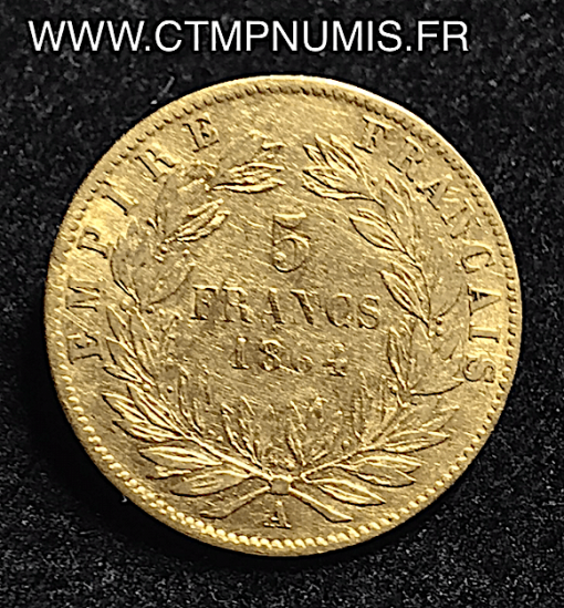 ,5,FRANCS,OR,NAPOLEON,III,1864,A,PARIS,LAUREE,