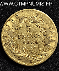 ,5,FRANCS,OR,NAPOLEON,III,1864,BB,STRASBOURG,
