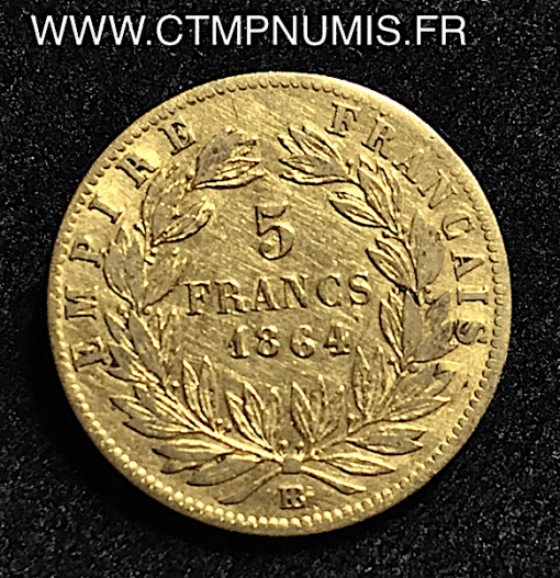 ,5,FRANCS,OR,NAPOLEON,III,1864,BB,STRASBOURG,