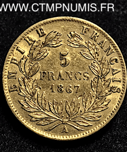 5 FRANCS OR NAPOLEON III TETE LAURE 1867 A