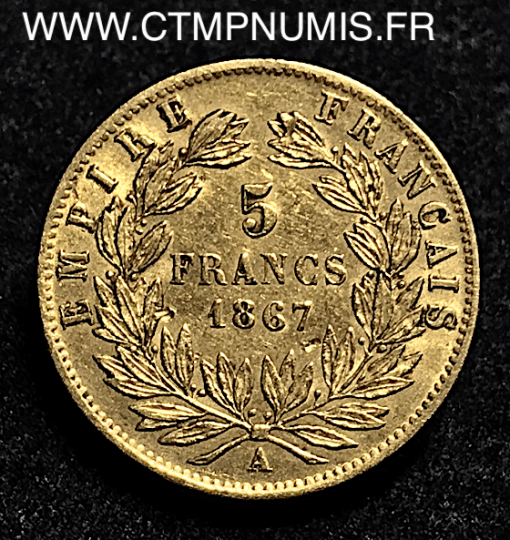 5 FRANCS OR NAPOLEON III TETE LAURE 1867 A