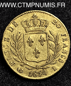 20 FRANCS OR LOUIS XVIII HABILLE 1814 L BAYONNE