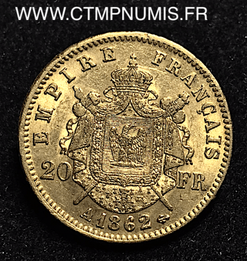 20 FRANCS OR NAPOLEON  LAUREE 1862 PARIS