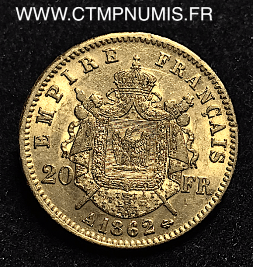 20 FRANCS OR NAPOLEON LAUREE 1862 PARIS