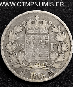 2 FRANCS ARGENT LOUIS XVIII 1816 M TOULOUSE