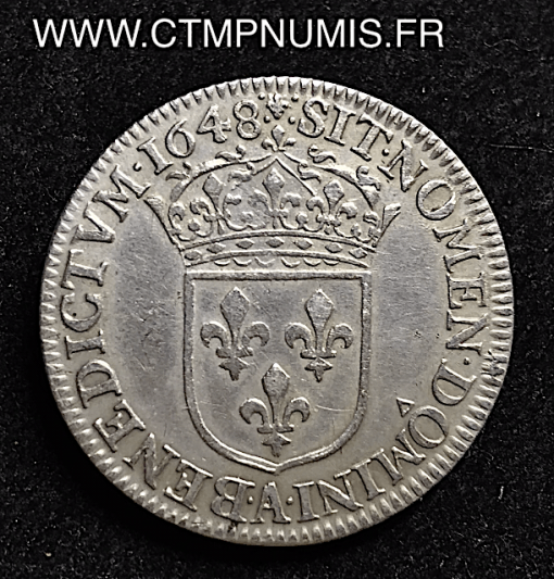 LOUIS XIV 1/4 ECU ARGENT   LONGUE 1648 A PARIS