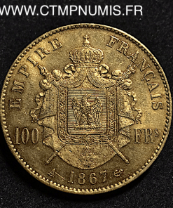 100 FRANCS OR NAPOLEON III LAUREE 1867 PARIS