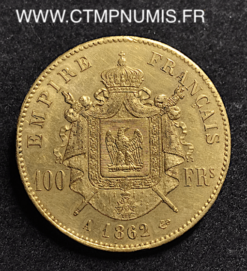 100 FRANCS OR NAPOLEON III TETE LAUREE 1862 A PARIS