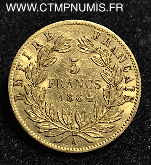 5 FRANCS OR NAPOLEON II LAUREE 1864 A PARIS