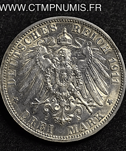 ALLEMAGNE WURTTEMBERG 3 MARK ARGENT 1911