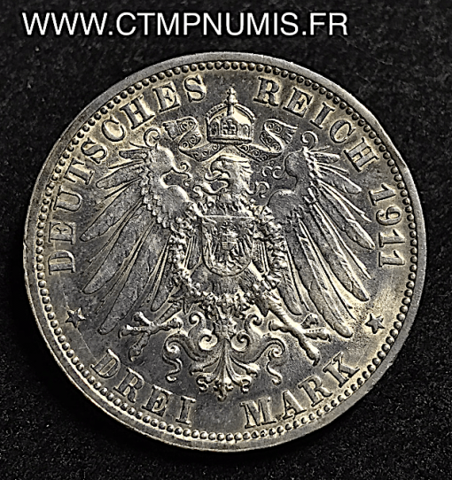 ALLEMAGNE WURTTEMBERG 3 MARK ARGENT 1911