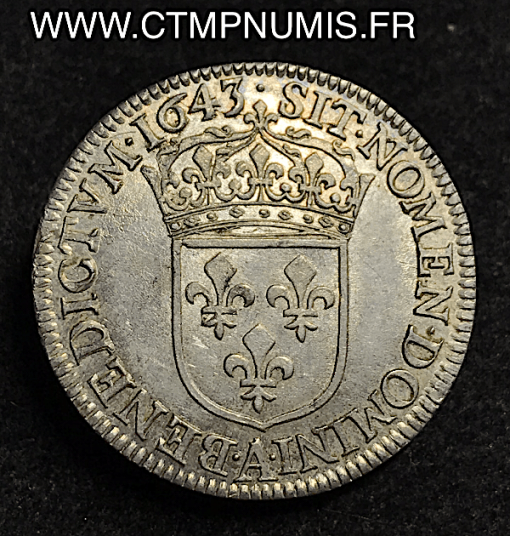 LOUIS XIV 1/4 ECU ARGENT MECHE COURTE 1643. PARIS