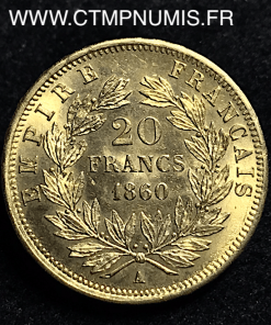 20 FRANCS OR   NAPOLEON III   1860 A  PARIS   SPL