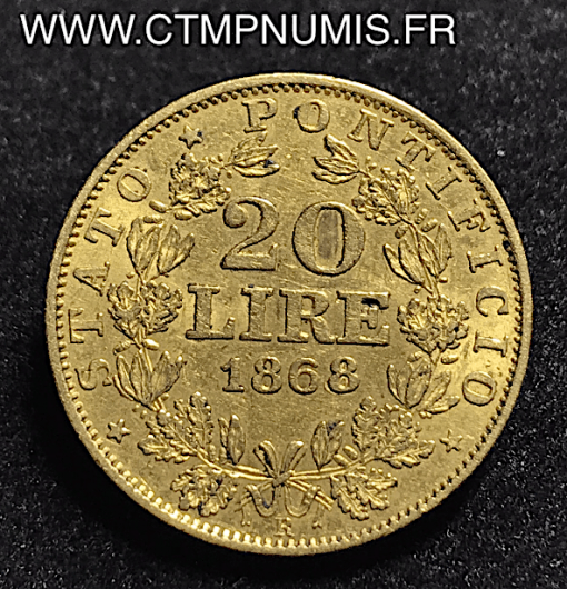 ITALIE VATICAN  20 LIRE  OR   PIE IX  1868 R  ROME