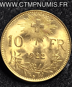 ,SUISSE,10,FRANCS,OR,VRENELI,1922,SPL,