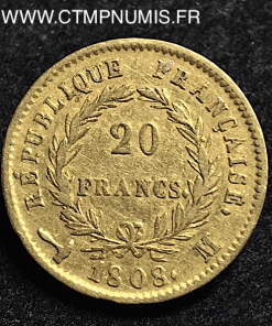 ,20,FRANCS,OR,NAPOLEON,I°,REPUBLIQUE,1808,M,TOULOUSE,