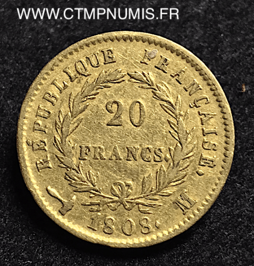 ,20,FRANCS,OR,NAPOLEON,I°,REPUBLIQUE,1808,M,TOULOUSE,