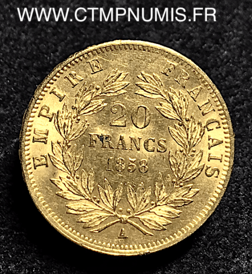 ,20,FRANCS,OR,NAPOLEON,1858,A,PARIS,SUP,