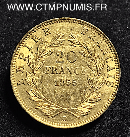 ,20,FRANCS,OR,NAPOLEON,III,TETE,NUE,1855,LYON,