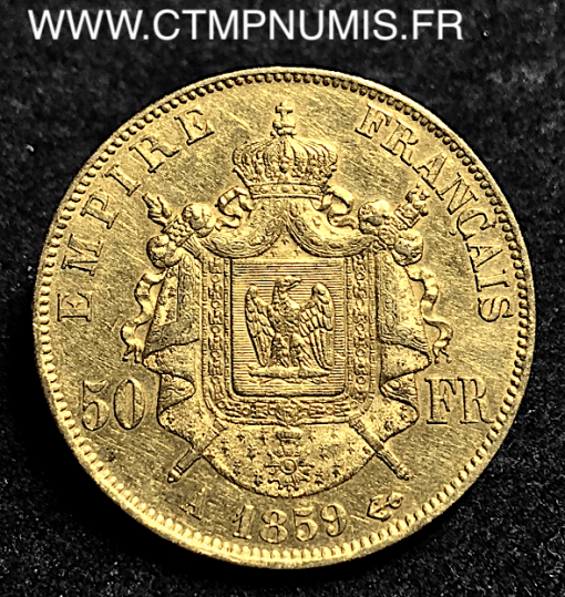 50,FRANCS,OR,NAPOLEON,III,TETE,NUE,1859,PARIS,