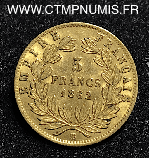 5 FRANCS OR NAPOLEON III 1862  STRASBOURG