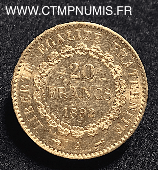 20 FRANCS OR GENIE III° REPUBLIQUE 1892 A PARIS