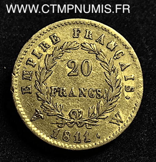 20 FRANCS OR NAPOLEON I°  EMPIRE 1811 W LILLE
