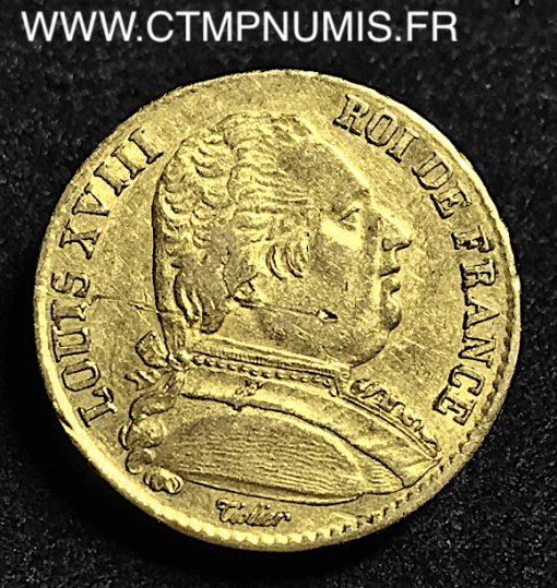 20 FRANCS OR LOUIS XVIII HABILLE 1815 W LILLE