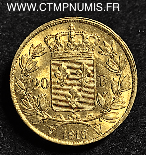 20 FRANCS OR LOUIS XVIII BUSTE NU 1818 W LILLE