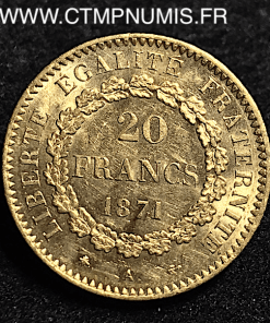 20 FRANCS  OR   GENIE   III° REPUBLIQUE    1871 A  PARIS   SUP