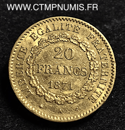 20 FRANCS OR GENIE III° REPUBLIQUE 1871 A PARIS