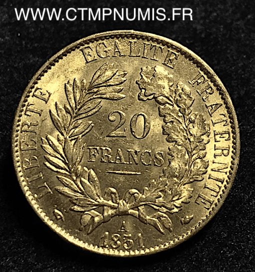 20 FRANCS OR CERES II° REPUBLIQUE 1851 A PARIS