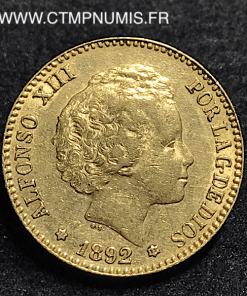 ESPAGNE 20 PESETAS OR ALPHONSE XIII 1892 (92)