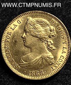 ESPAGNE 10 ESCUDOS OR ISABEL II 1868 (73) SUP