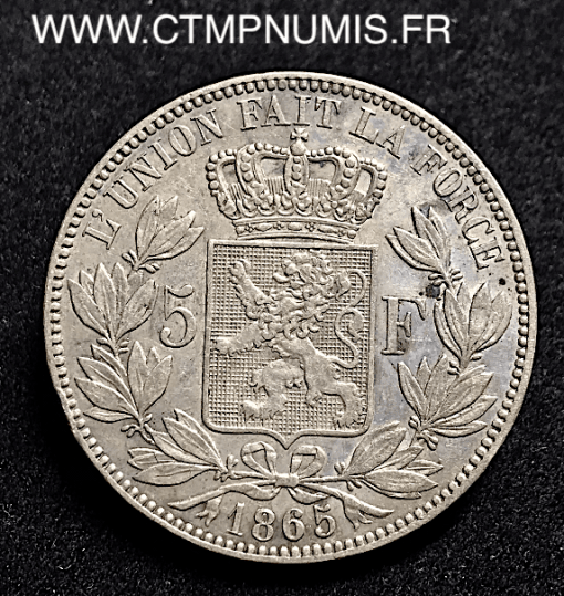 BELGIQUE 5 FRANCS ARGENT LEOPOLD I° 1865 TTB