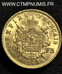 20 FRANCS OR NAPOLEON III 1868 A PARIS SUP