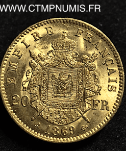 20 FRANCS OR NAPOLEON III TETE LAUREE 1869 A PARIS SUP+