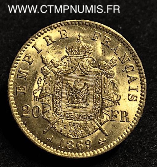 20 FRANCS OR NAPOLEON III TETE LAUREE 1869 A PARIS SUP+