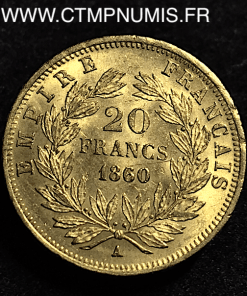 20 FRANCS OR NAPOLEON III 1860 A PARIS 60/50