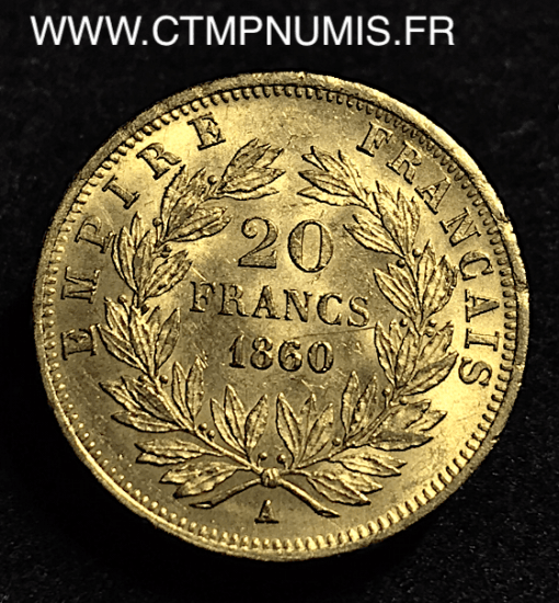 20 FRANCS OR NAPOLEON III 1860 A PARIS 60/50