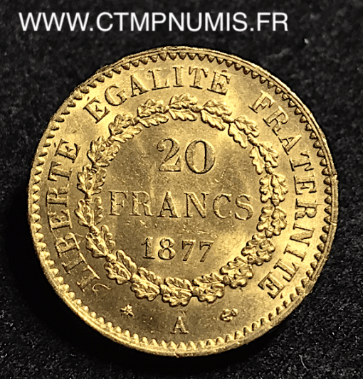 20 FRANCS OR GENIE III° REPUBLIQUE 1877 A PARIS