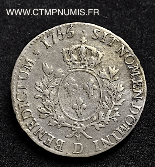 LOUIS XV ECU ARGENT AU BANDEAU 1755 D LYON TTB