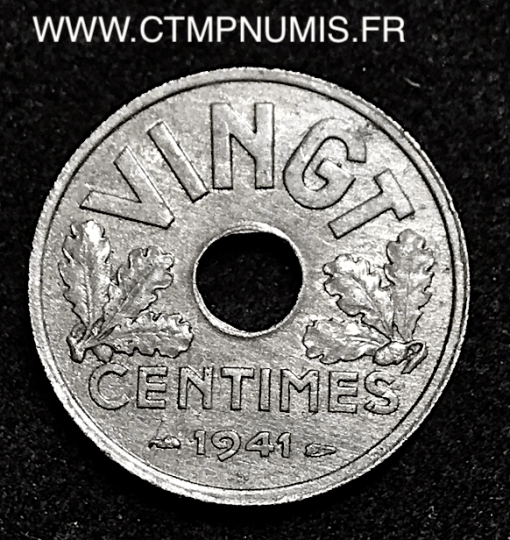 VINGT CENTIMES ZINC ETAT FRANCAIS 1941 TTB+