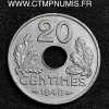 20 CENTIMES ZINC ETAT FRANCAIS 1942 SUP